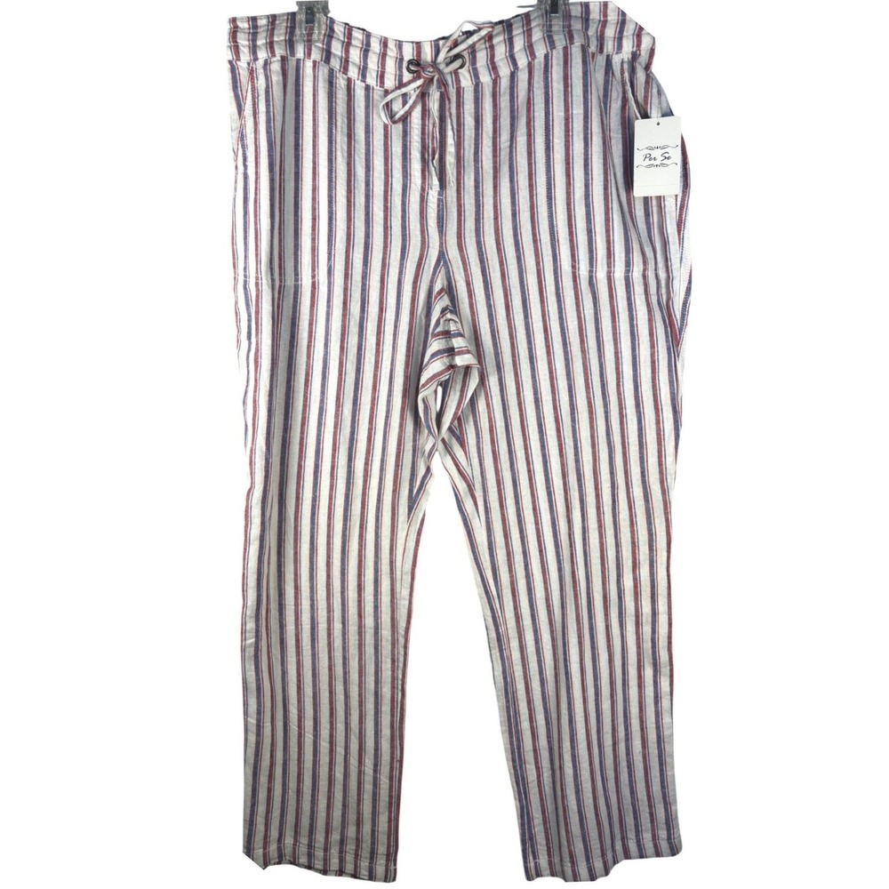 Per Se Women XL Red Blue White Striped Linen Blend Drawstring Pants NWT - Picture 2 of 11